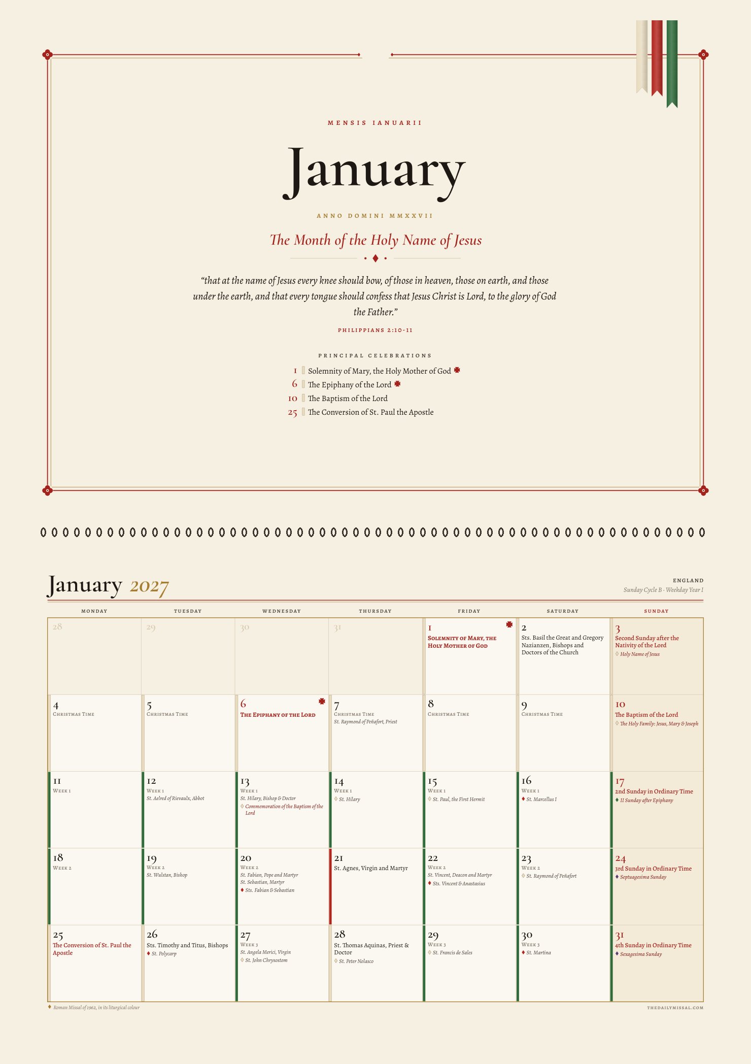January in the calendar with both Missals: the month’s picture page above its grid, bound with wire at the top