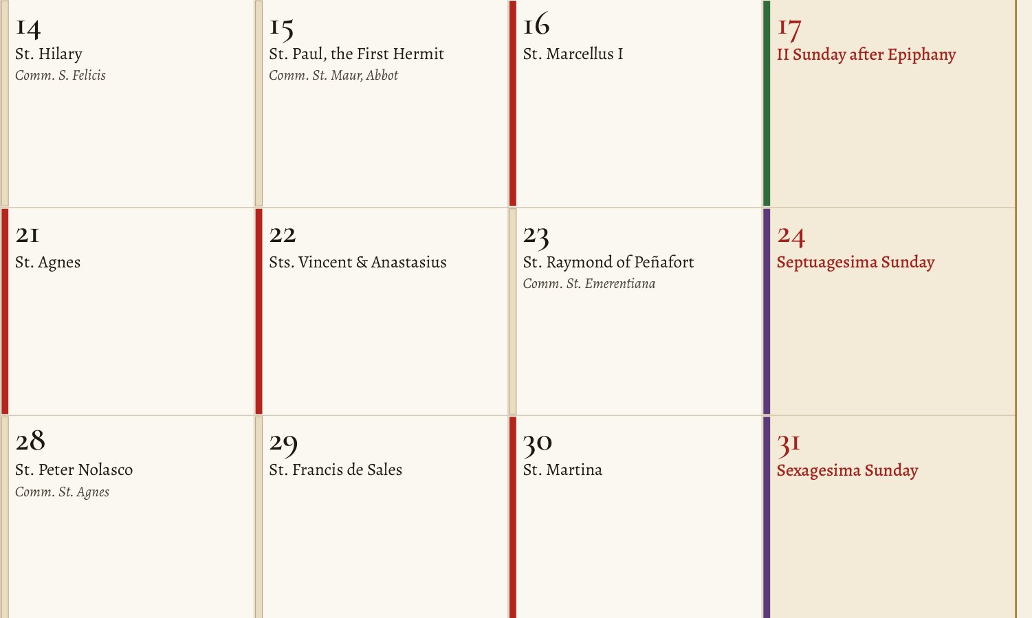 Close-up of the grid: each day with its 1962 feast, class and colour