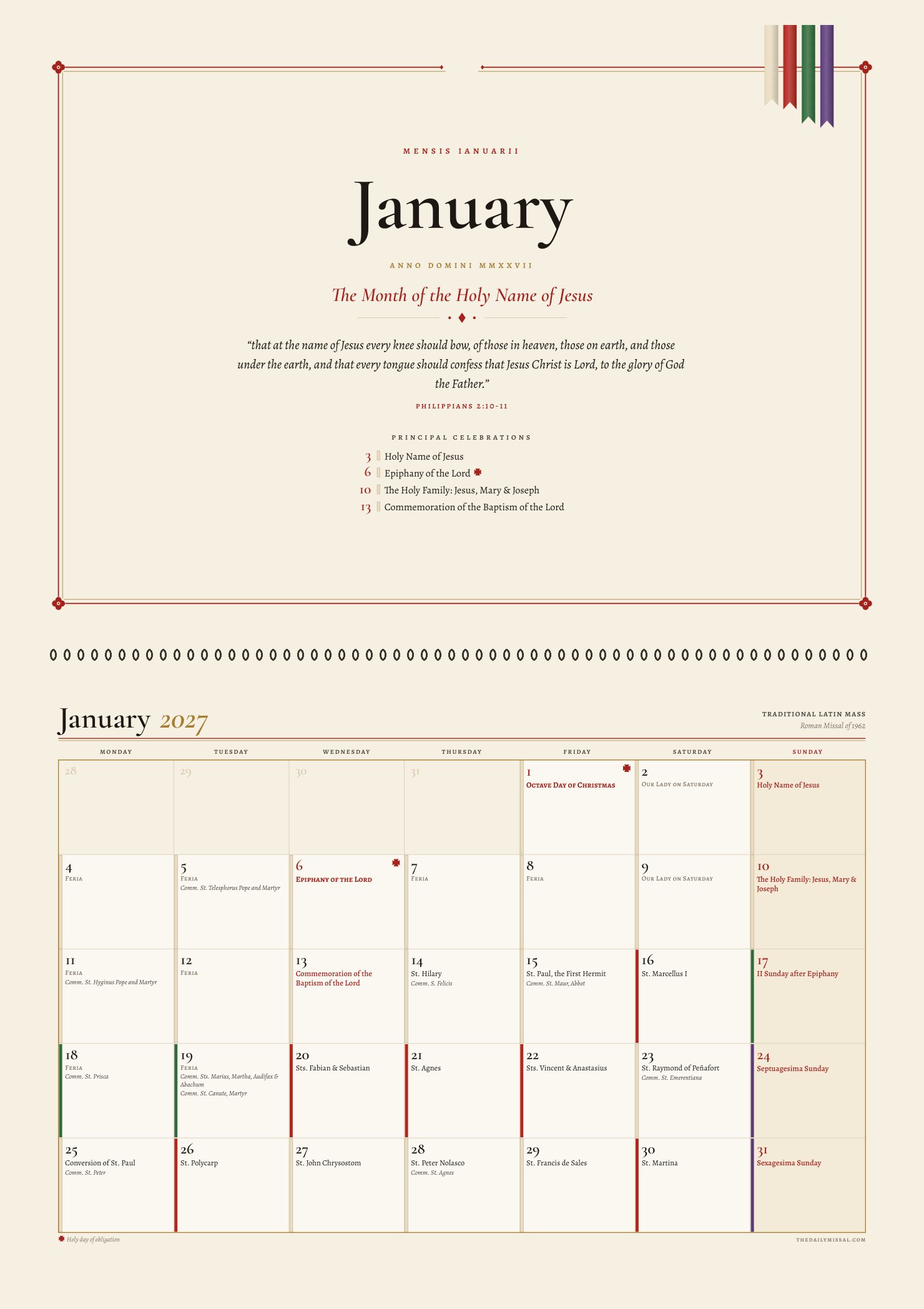 January in the 1962 Missal calendar: the month’s picture page above its grid, bound with wire at the top